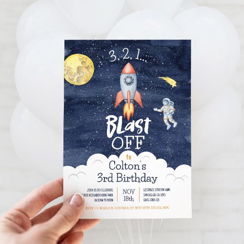 Space 3 2 1 Blast Off Birthday Invitation