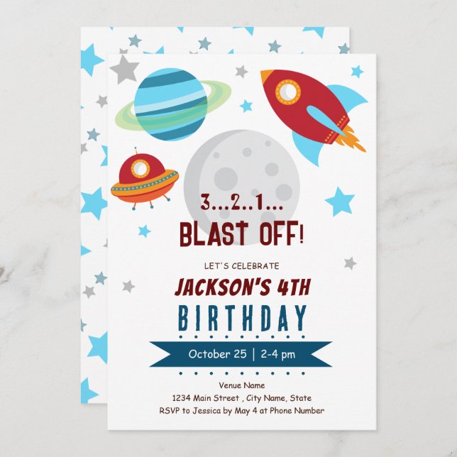 Space 4th Birthday  Invitation (Front/Back)