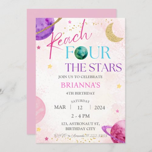 Space 4th Reach Four the Stars Birthday Girl Invitation