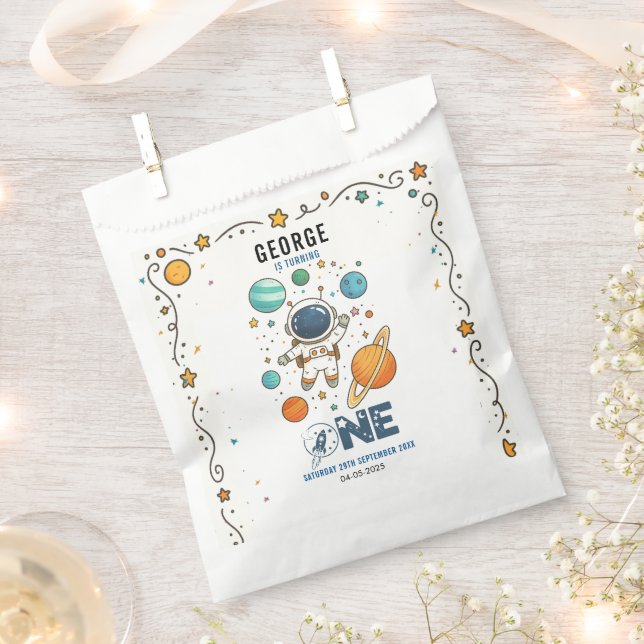 Space Adventure 1st Birthday | Outer Space Party Favor Bag (Clipped)