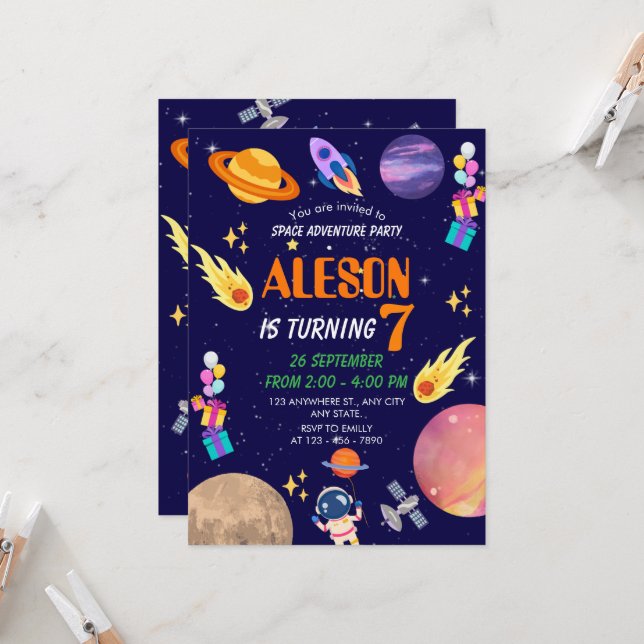 Space Adventure Birthday Invitation for Kids Party (Front/Back In Situ)