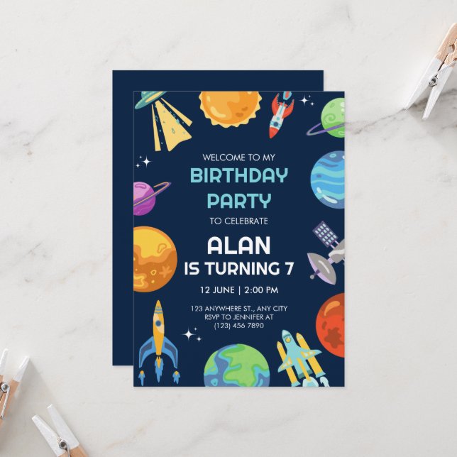 Space Adventure Birthday Party  Invitation (Front/Back In Situ)