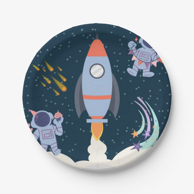 Space Adventure Birthday With Rocket And Astronaut Paper Plates (Front)
