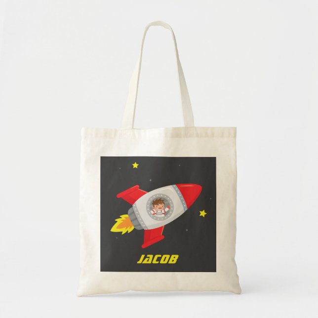Space Adventure Boy Rocket Kids Name Tote (Front)
