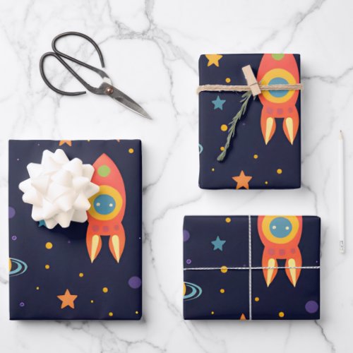 Space Adventure Kids_ Rocket Ship And Stars Wrapping Paper Sheets