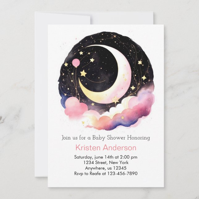 Space Adventure Moon and Stars Girl Baby Shower Invitation (Front)