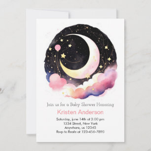 Space Adventure Moon and Stars Girl Baby Shower Invitation