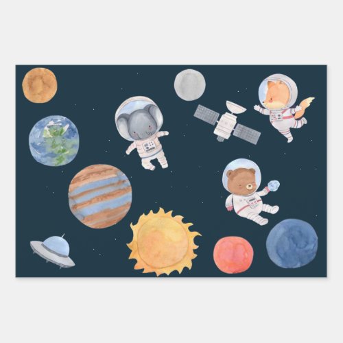 Space Adventure Planets and Animals Astronauts Wrapping Paper Sheets