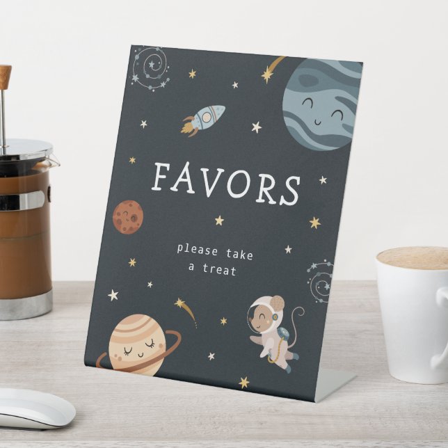 Space Adventure Playful Kids Birthday Party Favors Pedestal Sign (In SItu)