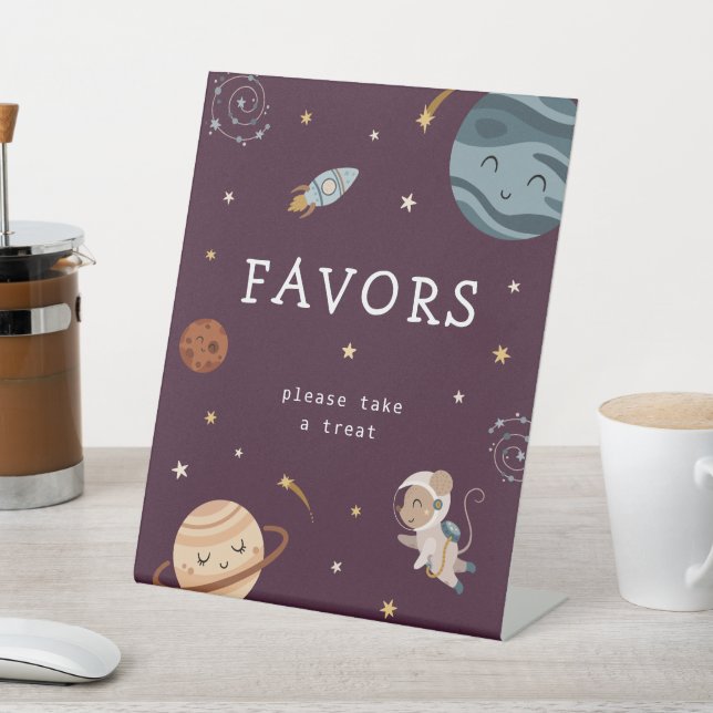 Space Adventure Playful Kids Birthday Party Favors Pedestal Sign (In SItu)