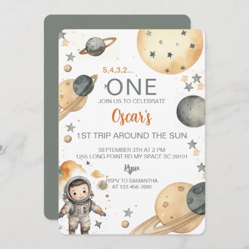 Space Adventure Watercolor First Birthday  Invitation