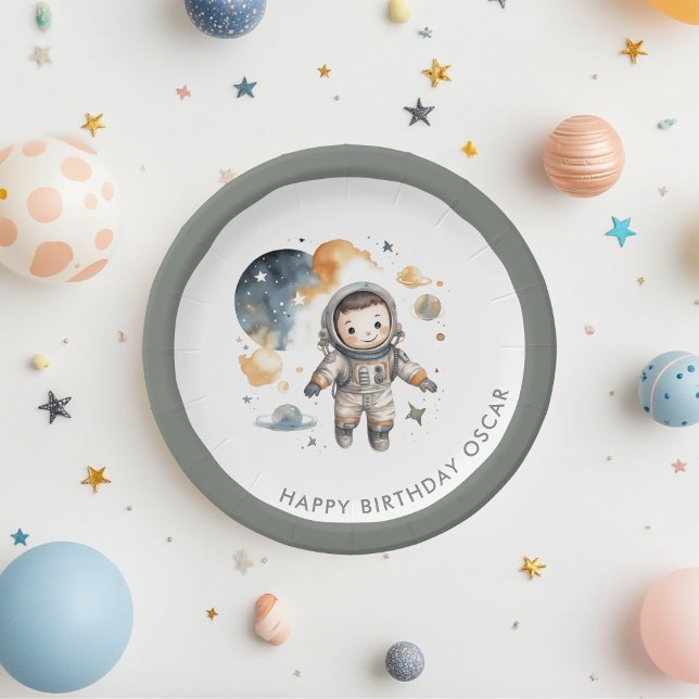 "Space Adventure Watercolor First Birthday Paper Plates (Creator Uploaded)