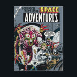 Space Adventures #12 Funny 50s Retro Sci Fi Comic Postcard<br><div class="desc">Cool Funny Vintage 1954 “Science Fiction Space Adventures” comic book featuring Steve Ditko illustration of hilarious bug eyed alien monster boarding a spaceship with totally unaware blonde female astronaut declaring to mission control “hello,  Earth…I’ve landed safely. No sign of life here…</div>