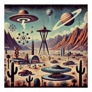Space Age Alien Desert Invasion Fantasy Art Poster