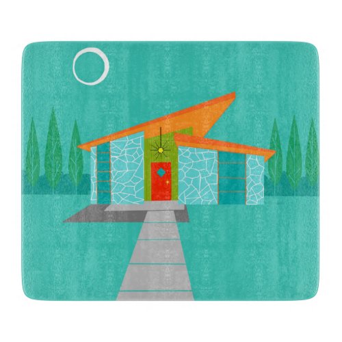 Space Age Cartoon House Glass Cutting Board