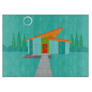 Space Age Cartoon House Glass Cutting Board