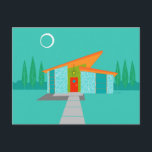 Space Age Cartoon House Postcard<br><div class="desc">This Space Age Cartoon House Postcard is a retro lover’s dream come true. The minimalist art design features an aqua stone house with large, peacock blue windows. Hanging from the atomic, slanting, orange roof, a yellow sputnik light fixture illuminates the front door. The recessed red front door with starburst doorknob...</div>