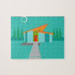 Space Age Cartoon House Puzzle<br><div class="desc">This Space Age Cartoon House Puzzle is a retro lover’s dream come true. The minimalist art design features an aqua stone house with large, peacock blue windows. Hanging from the atomic, slanting, orange roof, a yellow sputnik light fixture illuminates the front door. The recessed red front door with starburst doorknob...</div>