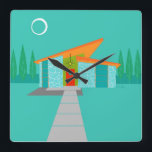 Space Age Cartoon House Square Acrylic Wall Clock<br><div class="desc">This Space Age Cartoon House Square Acrylic Wall Clock is a retro lover’s dream come true. The minimalist art design features an aqua stone house with large, peacock blue windows. Hanging from the atomic, slanting, orange roof, a yellow sputnik light fixture illuminates the front door. The recessed red front door...</div>