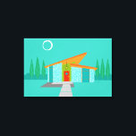 Space Age Cartoon House Stretched Canvas Print<br><div class="desc">This Space Age Cartoon House Stretched Canvas Print is a retro lover’s dream come true. The minimalist art design features an aqua stone house with large, peacock blue windows. Hanging from the atomic, slanting, orange roof, a yellow sputnik light fixture illuminates the front door. The recessed red front door with...</div>