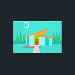 Space Age Cartoon House Stretched Canvas Print<br><div class="desc">This Space Age Cartoon House Stretched Canvas Print is a retro lover’s dream come true. The minimalist art design features an aqua stone house with large, peacock blue windows. Hanging from the atomic, slanting, orange roof, a yellow sputnik light fixture illuminates the front door. The recessed red front door with...</div>