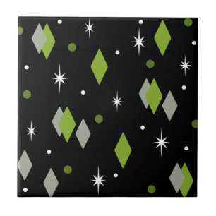 Space Age Diamonds Chartreuse Black Ceramic Tile