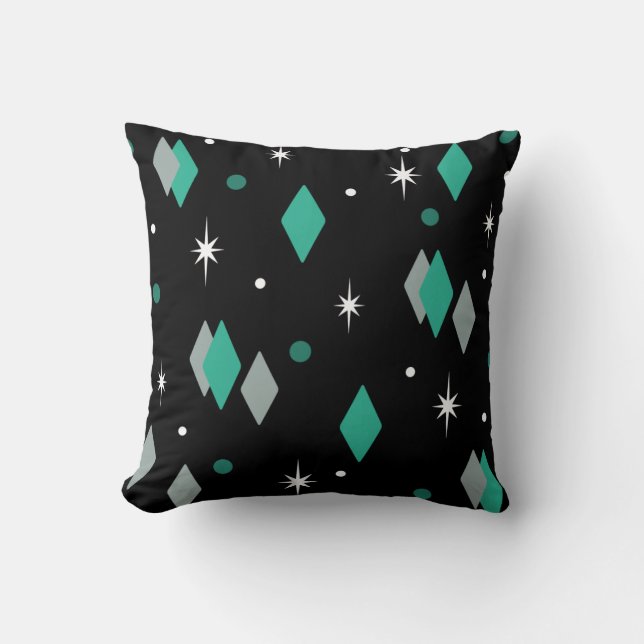 Space Age Diamonds Turquoise Black Throw Pillow (Front)