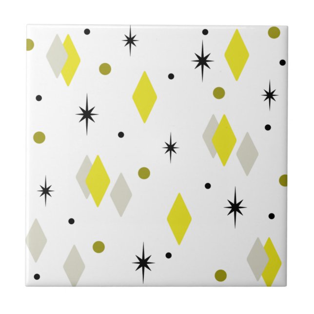 Space Age Diamonds Yellow Gray White Ceramic Tile (Front)
