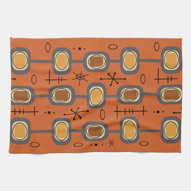 Space Age Geometric Art Burnt Orange Kitchen Towel (Horizontal)
