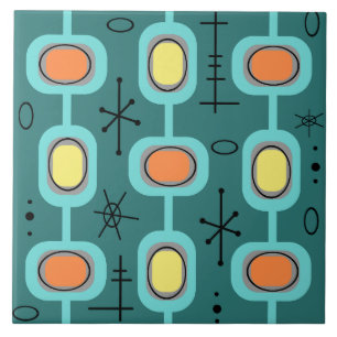 Space Age Geometric Art Teal Ceramic Tile