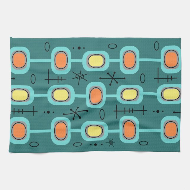Space Age Geometric Art Teal Kitchen Towel (Horizontal)