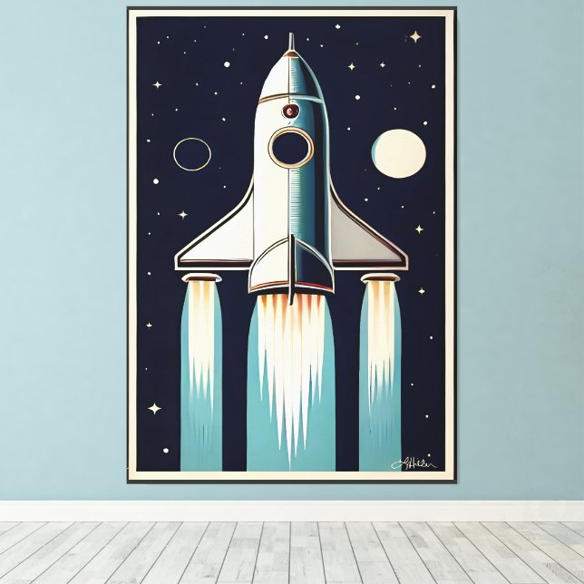 Space Age Retro 50s Rocket Ship Canvas Print (Insitu(Wood Floor))