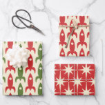Space Age Retro Red Green Cream 50s Christmas Wrapping Paper Sheets<br><div class="desc">A touch of nostalgia for the Christmas holidays: space age atomic era rocket ships and starbursts in retro midcentury modern olive green,  red,  and egg nog cream. For a fun mid mod Xmas.</div>