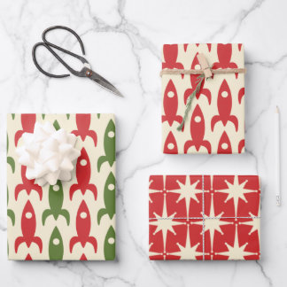 Space Age Retro Red Green Cream 50s Christmas Wrapping Paper Sheets
