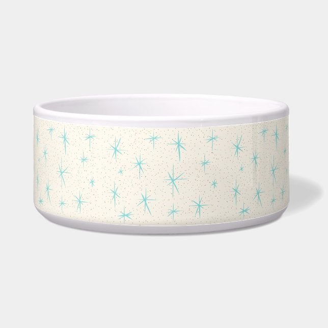 Space Age Turquoise Starburst Ceramic Dog Bowl (Front)