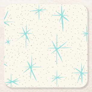 Space Age Turquoise Starbursts Hard Paper Coaster