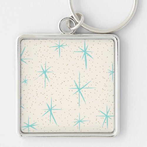 Space Age Turquoise Starbursts Square Keychain