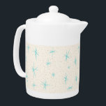 Space Age Turquoise Starbursts Tea Pot<br><div class="desc">This Space Age Turquoise Starbursts Tea Pot features blue starbursts on a creamy background with gold colored speckles. Inspired by a classic mid century modern dish pattern, this design has an authentic vintage flair. The retro kitschy goodness will make you feel like you’ve stumbled across a flea market treasure. This...</div>