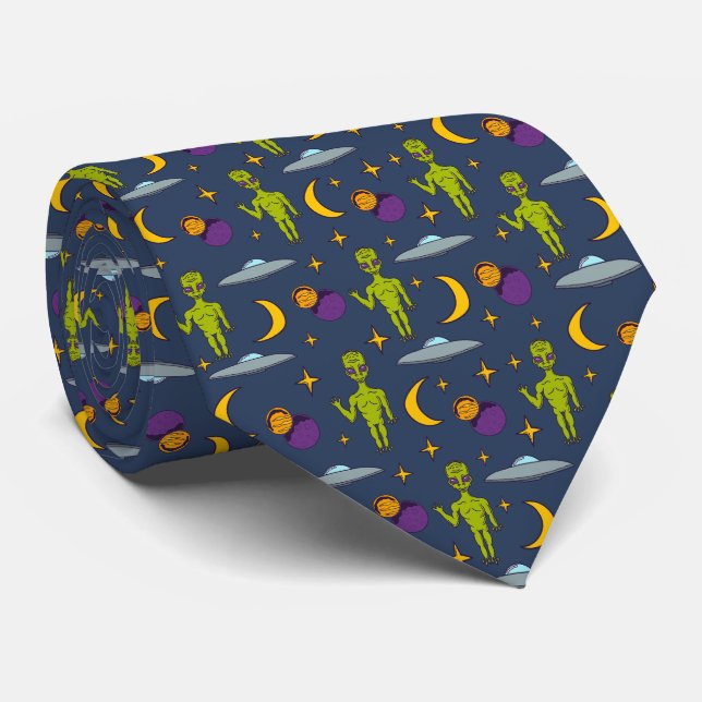 Space Aiens and Flying Saucers Sci-Fi Themed Neck Tie (Rolled)