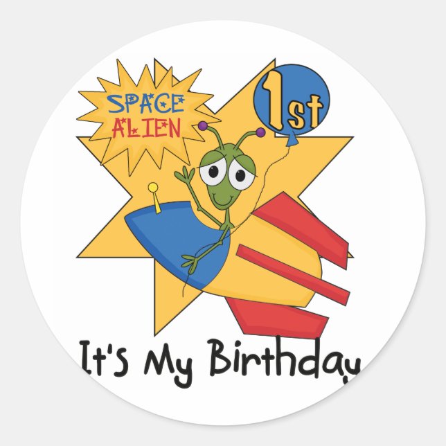Space Alien 1st Birthday Tshirts and Gifts Classic Round Sticker (Front)