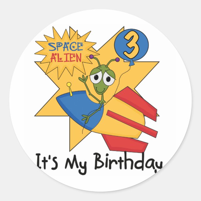 Space Alien 3rd Birthday Tshirts and Gifts Classic Round Sticker (Front)
