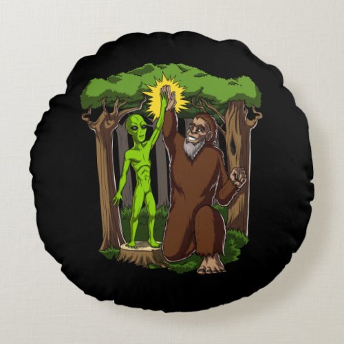 Space Alien Bigfoot Mystery Conspiracy Theory Round Pillow