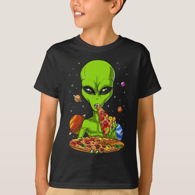 Space Alien Eating Pizza Funny UFO Science Fiction T-Shirt (Front)