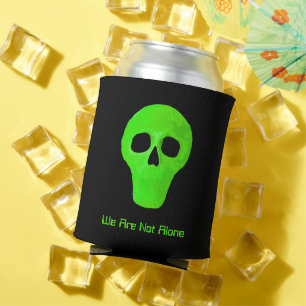 Space Alien Face Neon Green Black UFO Can Cooler