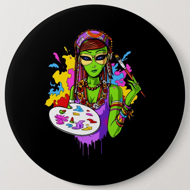 Space Alien Hippie Painting Artist Button (Front)