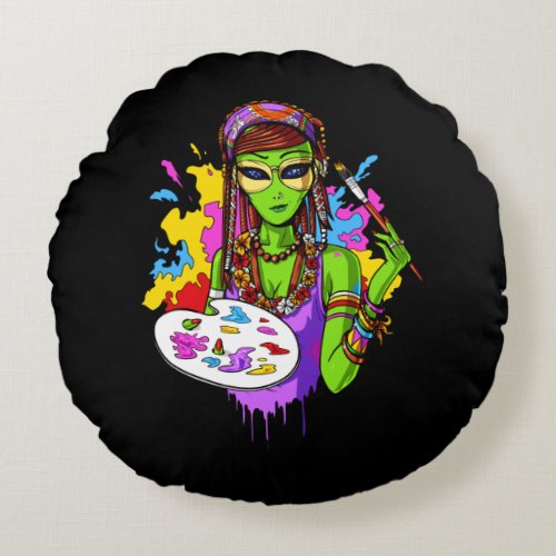 Space Alien Hippie Painting Artist Round Pillow