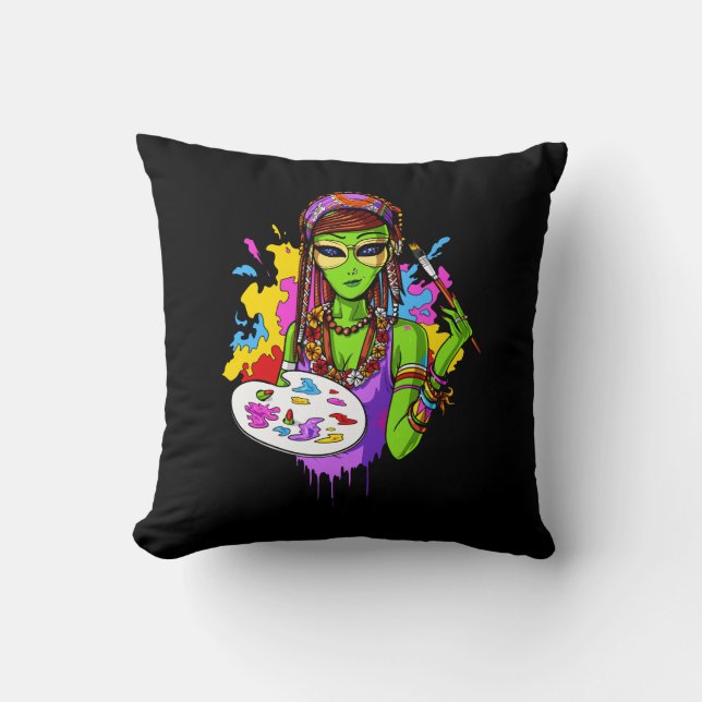 Space Alien Hippie Painting Artist Throw Pillow (Front)