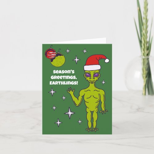 Space Alien in a Santa Hat Personalized Christmas Card