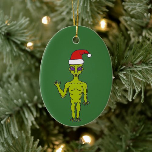 Space Alien in a Santa Hat Personalized Christmas Ceramic Ornament