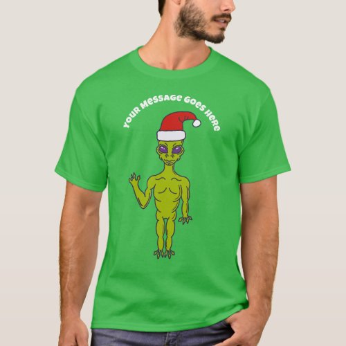 Space Alien in a Santa Hat Personalized Christmas T_Shirt